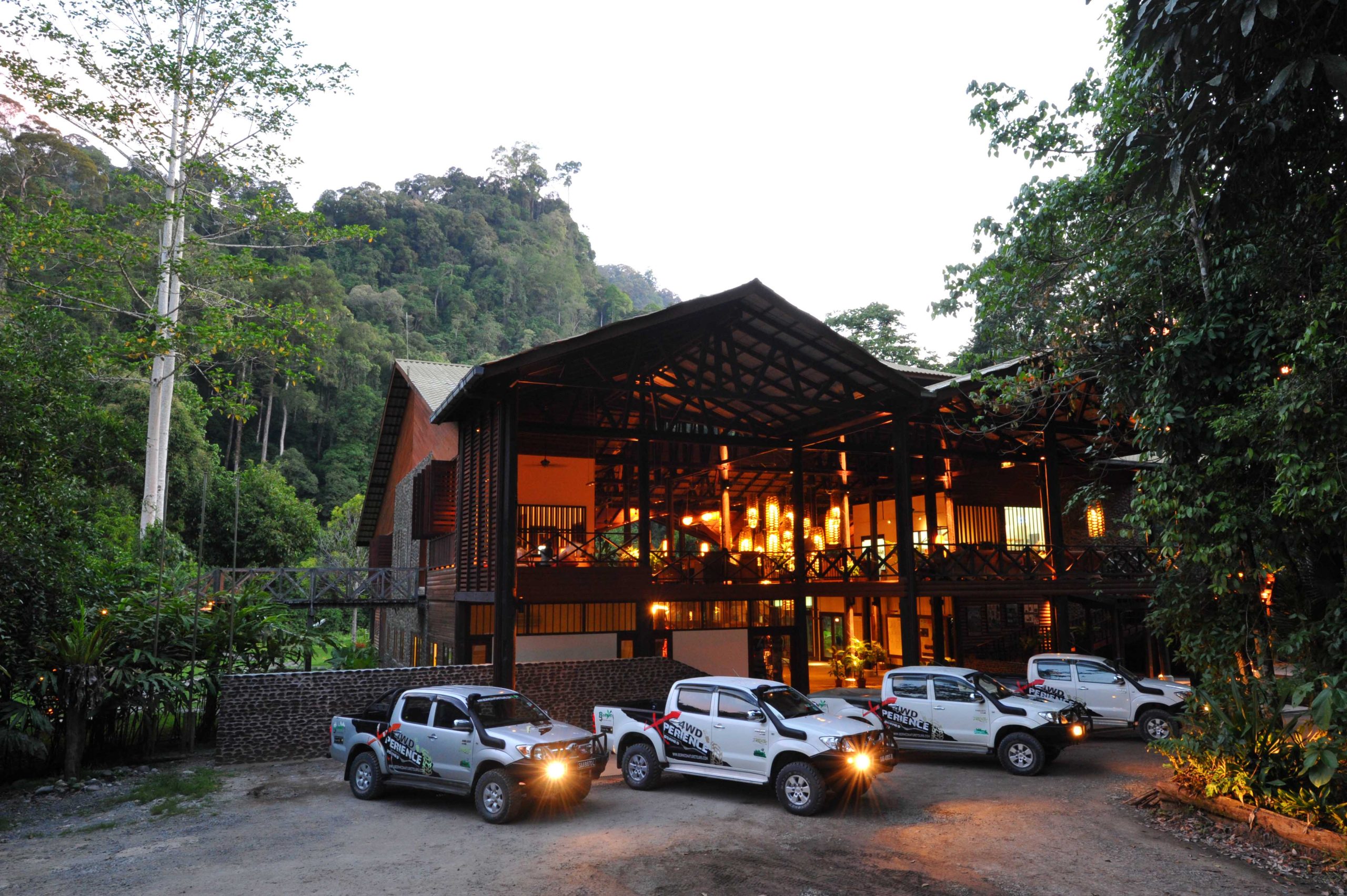 4WD vehicles loading outside Lahad Datu — Danum Valley